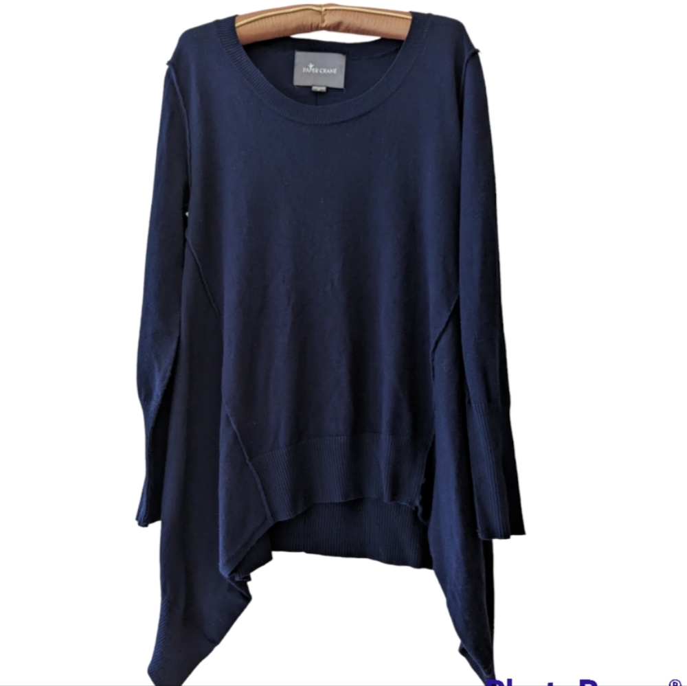 Lagenlook sweater Soft navy blue shark bite hem top M Fall